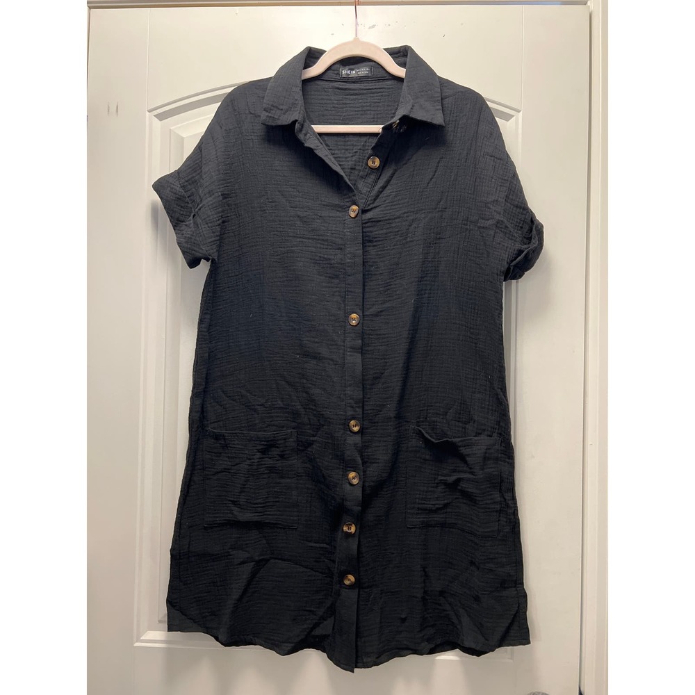 SHEIN Women’s Collared Casual Button Down‎ Short Sleeve Mini Dress Size S Black